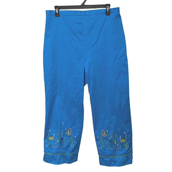 Sag Harbor Pants - Tropical Coastal Pull On Womens Pants Size 14 Blue Embroidered Fish Cruisewear
